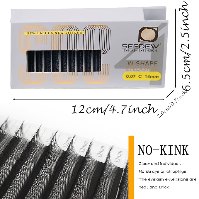 SEEDEW 4D Lash Extensions, 0.07mm C Curl 14mm 12 Rows/Tray, W Shape Flat Stem, Korean PBT Volume False Eyelashes Grafting for Beginner Artist, Lash Tech, Beauty Salon(4D-Matte Black-0.07-C-14mm)
