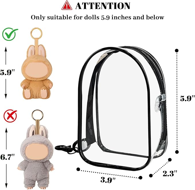 Protective Case for Plush Doll, Clear Hanging Display Cases, Crossbody Doll Storage Bag, PVC Storage Case Cover for Figures, Dolls (Black)