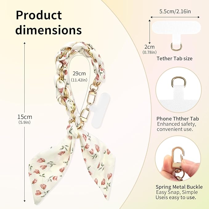 Fycyko Phone Wrist Strap with Gold Metal Scarf and Universal Tether Tab, Aesthetic Print Design Ribbon Chain, Multi-Purpose Accessories for Bag Key Cellphone for Men Women Girls-Beige Floral