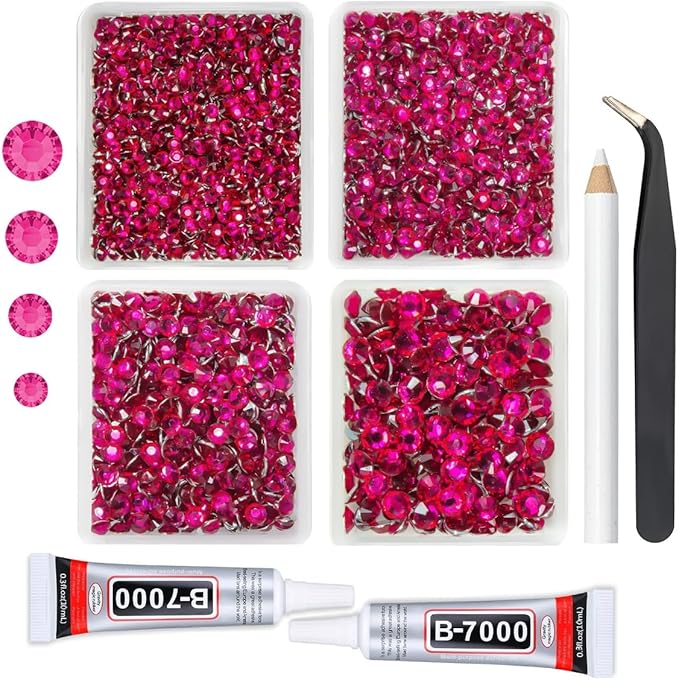 Rose Red Crystal Resin Rhinestones w B7000 Jewelry Glue for Bedazzling Crafting 3mm 4mm 5mm 6mm Dark Hot Pink Flatback Stones Diamonds Gems for Nails Face Eye Makeup Tumblers Bottles DIY Crafts