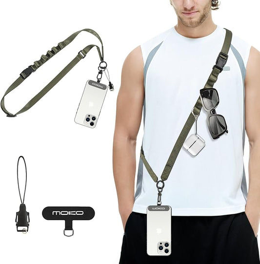 MoKo Universal Phone Lanyard, Nylon Adjustable Cell Phone Crossbody Strap Detachable Women & Men Cellphone Lanyards Around the Neck with Patches for iPhone, Most Smartphone, Army Green