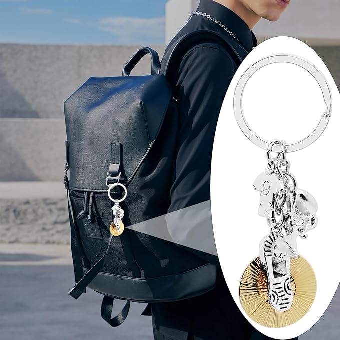 6Pcs Soccer Keychain Alloy Sports Ball Keyrings Soccer Jerseys Soccer Shoes Soccer Trophies Football Charm Key Holder for Women Men Gift or Sports Party Decorations