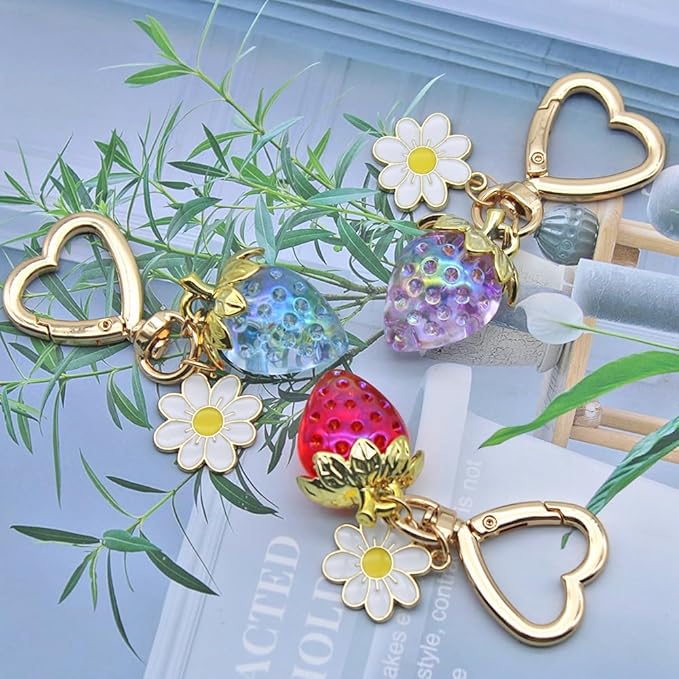 3Pcs Strawberry Keychain, Cute Strawberry Heart-Shaped Flowers Keyrings Daisy Keychain Accessories for Girls Purse (Red Blue Purple)