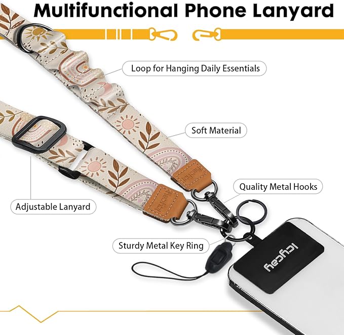 Phone Lanyard Crossbody, Boho Rainbow Cell Phone Strap for Around The Neck Adjustable, Leaf Sun Moon Teacher Anti Theft Cute Lanyard for iPhone Case ID Holder Keys Accessories Travel Essential