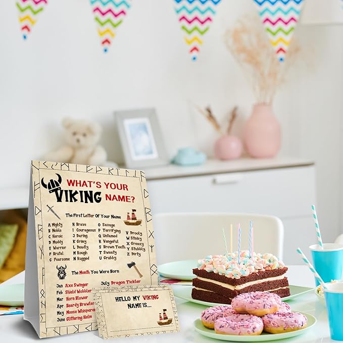What's Your Viking Name Game,Fun Birthday Party Games for Kids and Adults, Medieval Party Decorations, Norse Adventure Theme,1 Viking Party Game Sign and 30 Stickers,5x7 Inch
