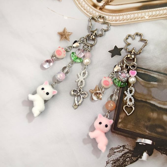 Cute Cat Keychain, Y2K Heart Bow Pendant, Kawaii Cat Bag Charm