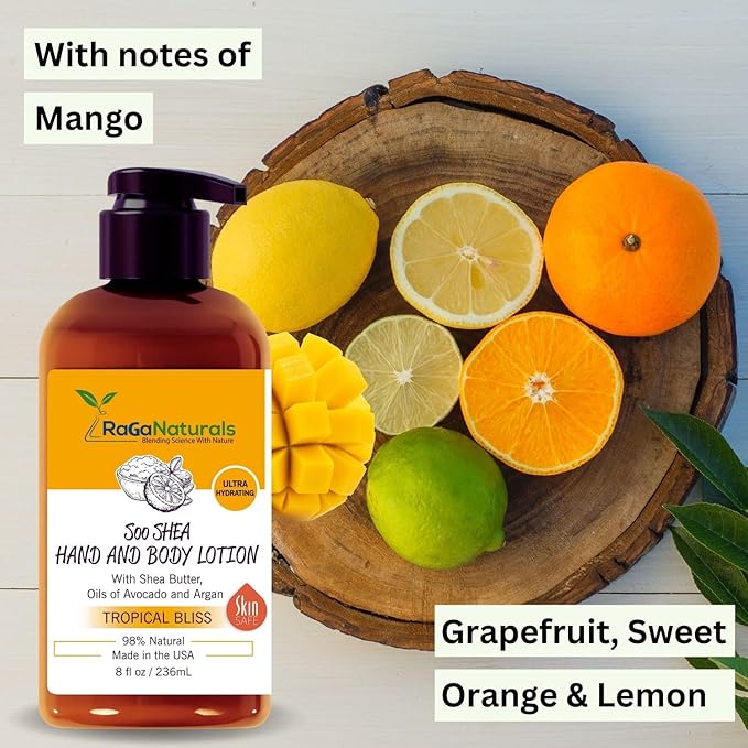 RaGaNaturals Natural Mango Shea Butter Lotion - Tropical Lotion with Vitamin E, B5, Argan & Avocado Oil - Refreshing, Hydrating & Nourishing Moisturizer - Vegan, Cruelty-Free & Paraben Free - 8 Oz