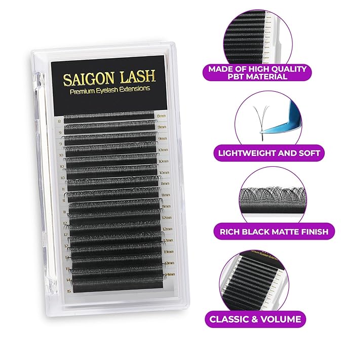 SAIGON LASH YY Eyelash Extensions, Double Split Volume Lashes for Professionals, B C CC D DD Curl, 8-15mm Mixed Length, 0.07 Thickness, Soft Korean PBT Fiber, 16 Rows Tray (YY Lash C-0.07)