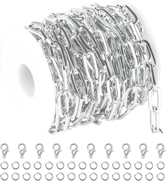 16.4 Feet Paperclip Chains for Jewelry Making Light Silver Plated Aluminum Chain Roll Hip-pop Rapper Necklace Choker Chain DIY Jewelry Supplies