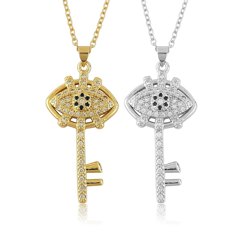 JOR Key with CZ Charm Pendant Necklace, Bonding Charm, Men & Women Unisex Jewelry, Dainty Gold & Silver Plated Chain Combo 18 inch (Pack of 2)