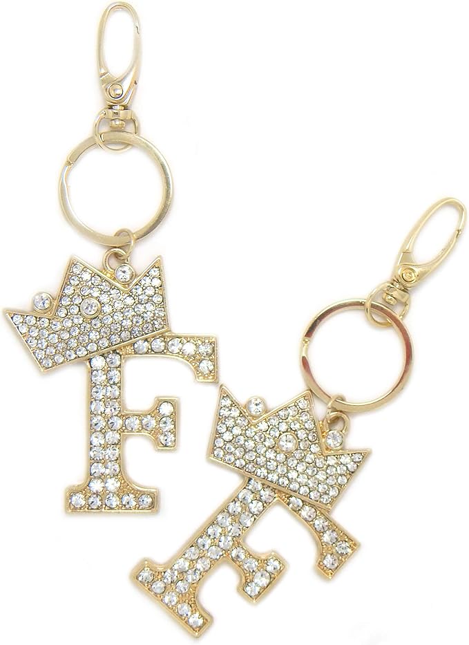 CBC Crown Crystal Rhinestone Letter Initial Keychain, Gold Metal, Bag Charm with Key Ring Approx. 2.17" x 2.56"