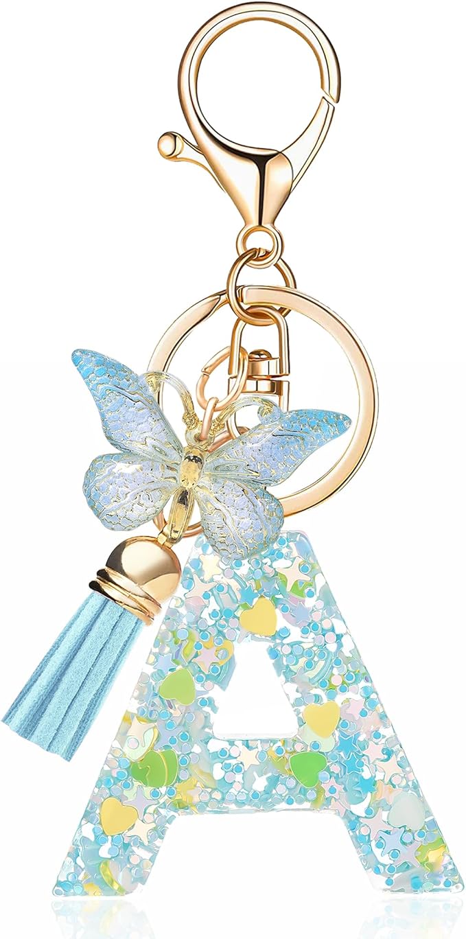 Fashion Alphabet Initial Letter Keychain Tassel Butterfly Pendant Key Ring for Purse Handbags Women Girl