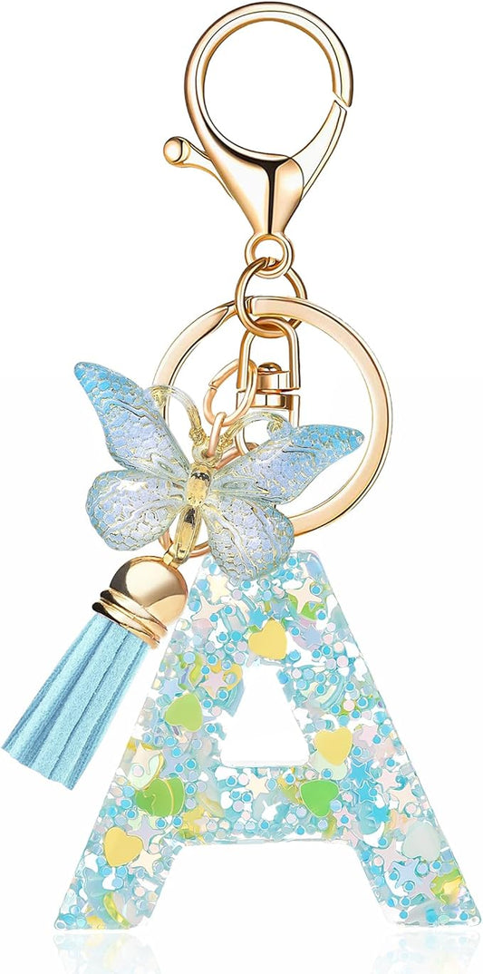 Fashion Alphabet Initial Letter Keychain Tassel Butterfly Pendant Key Ring for Purse Handbags Women Girl