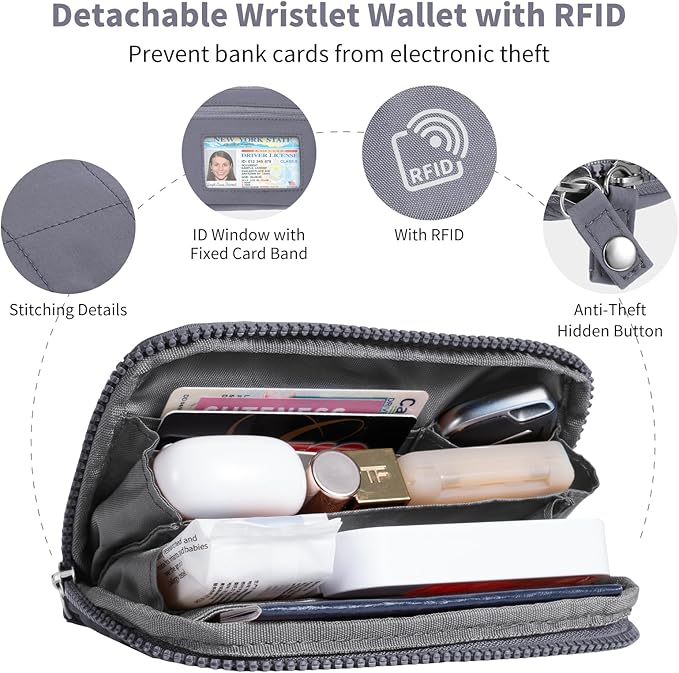 Clip and Go Strap for Phone with Wallet Crossbody Phone Lanyard with Anti-Theft Zipper Pouch Detachable Quilted Wrist Wallet with RFID and ID Window for Daily Travel. Grey