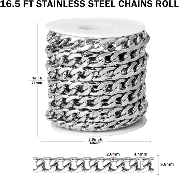 [16.5 FT] Silver Curb Chains for Jewelry Making, 9.8mm Wide 304 Stainless Steel Cuban Link Chain Roll Bulk for DIY Jewelry Making Craft