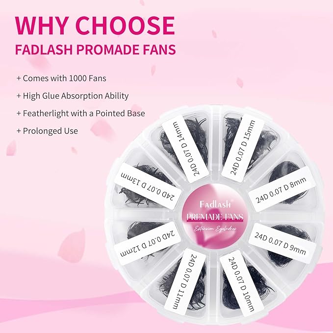 FADLASH 1000 Fans 24D Premade Volume Eyelash Extensions Mixed Tray Premade Fans Eyelash Extensions D Curl Premade Lash Fans Pointed Handmade Promade Loose Fans Thin Base (24D-0.07D,8-15mm)