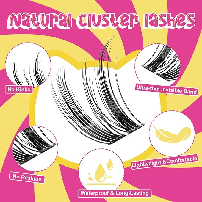 WiWiLINK Wispy Lash Clusters 8-14mm Spike Eyelash Clusters D Curl DIY Lash Extension with Spikes 0.03mm -Invisible Band Natural Individual Cluster Eyelashes, Freya Short