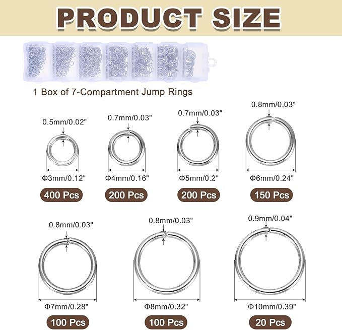 MECCANIXITY 1170Pcs Jump Rings for Jewelry Making, 7 Sizes Jewelry Making Kit with Jump Ring Opener & Pliers for Keychains Earings Repairing DIY Crafting Silver