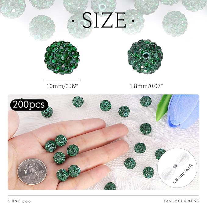 200 Pcs Emerald Rhinestone Beads for Jewelry Making, Sparkle Crystal Clay Christmas for Bracelet Baseball Necklace Earring Crafting and DIY, Shiny Round Shamballa Disco Ball Beads Bulk