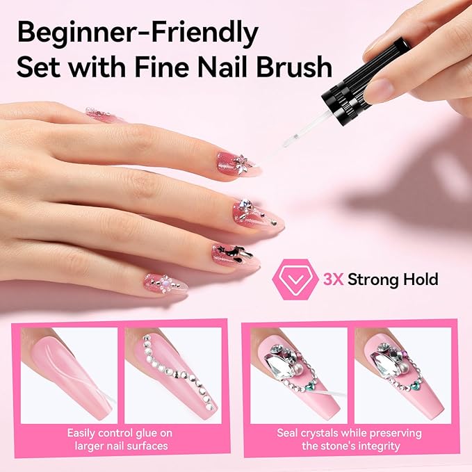 Makartt Nail Rhinestone Glue Gel-Upgrade Gel Nail Glue with Brush Pen Tip for Nail Charms Gems Super Strong Adhesive Precise for Nail Charms Crystals Rhinestone 3D Art Design Cured Need 8ml*4