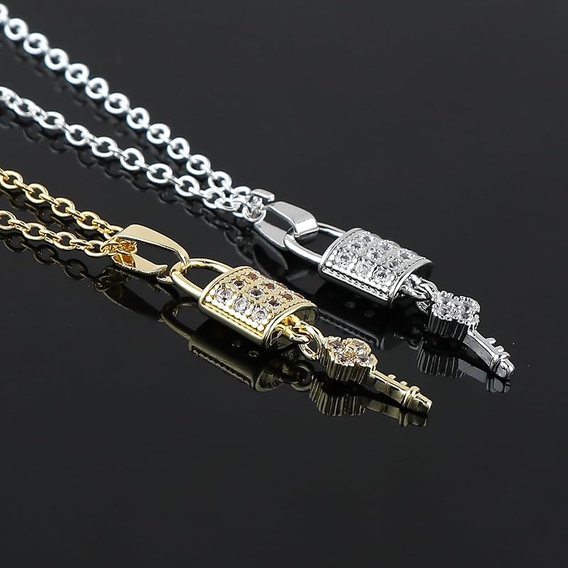 JOR Lock & Key Charm Pendant Necklace, CZ, Men & Women Unisex Jewelry, Dainty Gold & Silver Plated Combo Chain 18 inch (Pack of 2)