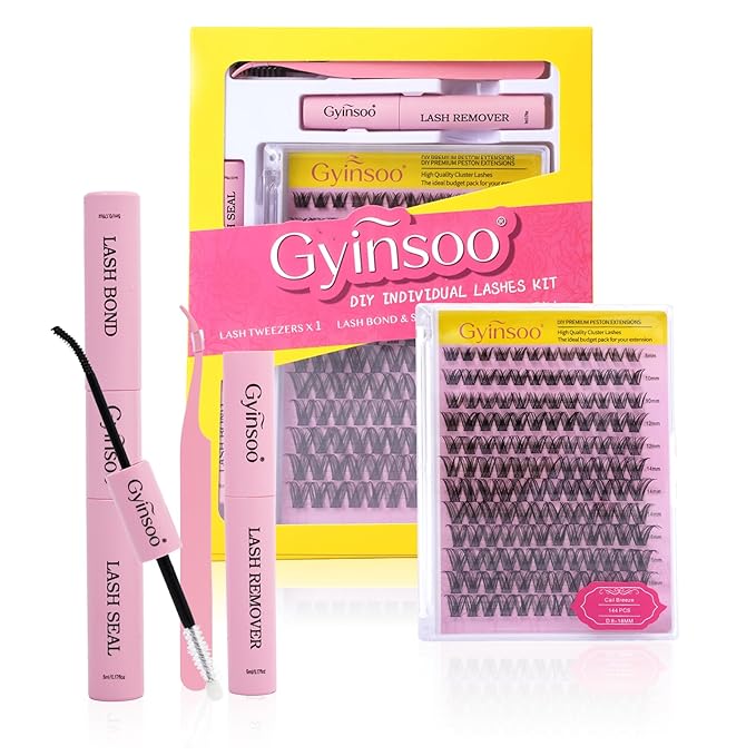 Gyinsoo DIY Eyelash Extension Kit "Cali Breeze" - 144Pcs Fluffy Volume Clusters (8-18mm Mix) with Waterproof Bond and Seal - Dramatic D Curl Individual Lashes for Vacation, Travel & Photoshoots