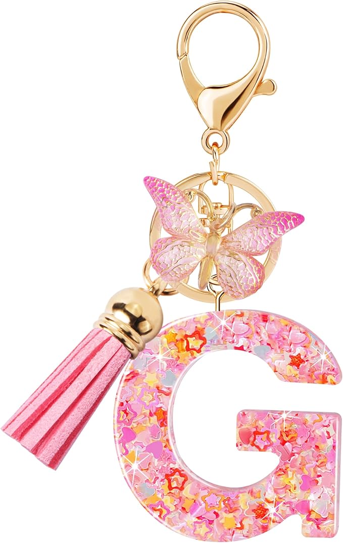 Initial letter Keychains for Women Girls Tassel Butterfly Cute Keychain for Wallet Backpack charm
