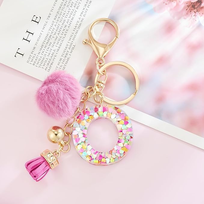 Resin Alphabet Initial Letter Keychain Keyring for Women Purse Handbags With Fur Ball Pom