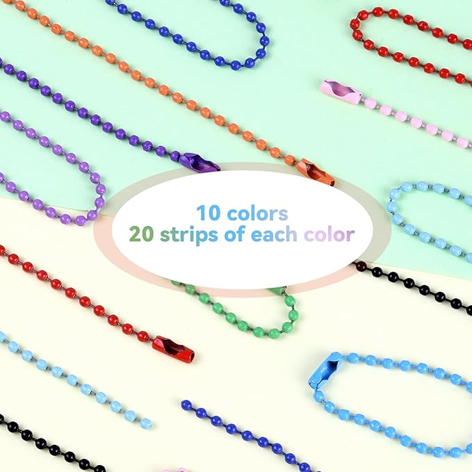 Ball Chain Bulk Metal Chain Width 2.4mm Ball Beads Chain Long Bead Connector Clasp for Jewelry Making DIY Crafts Hanging Christmas Decoration (200 Pcs Colored 3.9 Inch / 10 cm)
