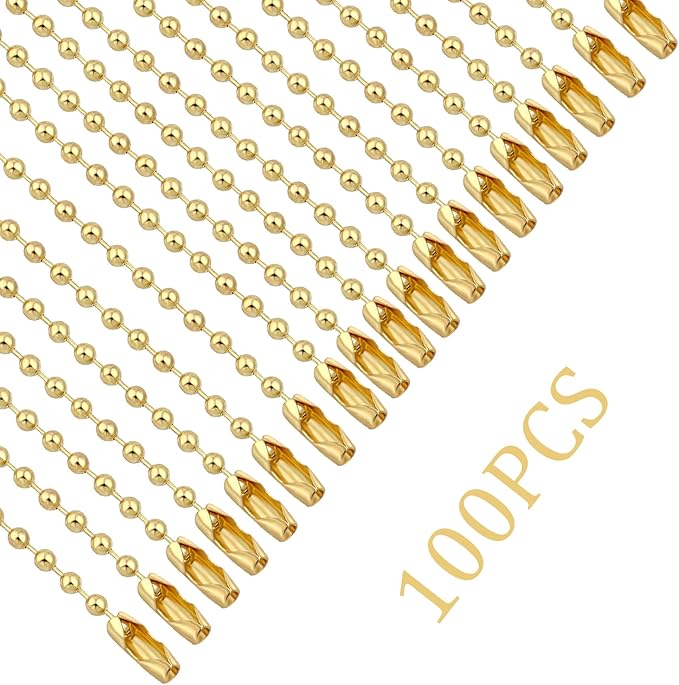 Lemonkey 10Pcs Ball Beads Chain Bulk,Gold Keychain Rings Metal 4 Inch Dog Tag Metal Small Chain with Connectors for Hanging Decoration
