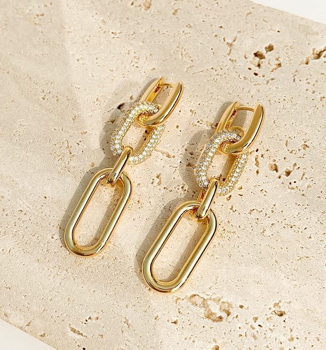 OZEL 14K Gold & Silver Plated Paperclip Chain Earrings with Cubic Zirconia – Dangle, Hoop, Huggie, Stud Styles – Women’s Fashion Jewelry Gift