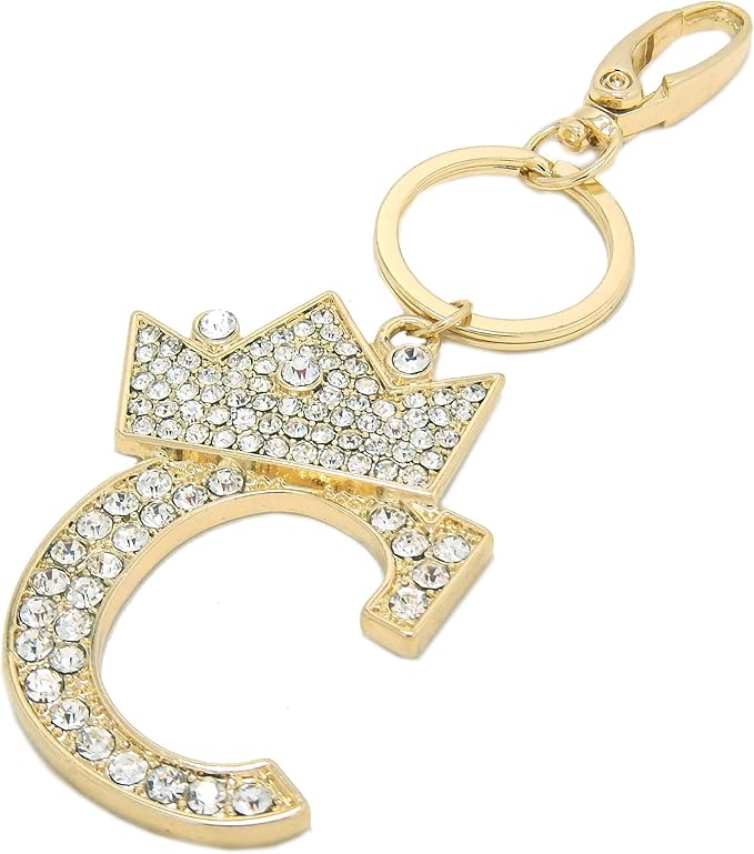 CBC Crown Crystal Rhinestone Letter Initial Keychain, Gold Metal, Bag Charm with Key Ring Approx. 2.17" x 2.56"