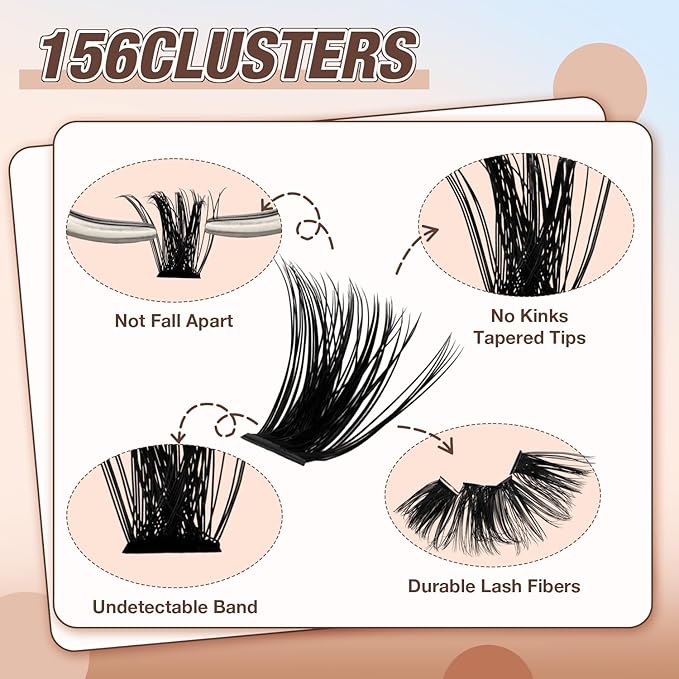 Lash Clusters Kit, DIY Cluster Eyelash Extensions 10‑20mm, 100D+200D, 156pcs Fluffy D Curl Natural Lashes–Fake Cat Eye Individual Clusters