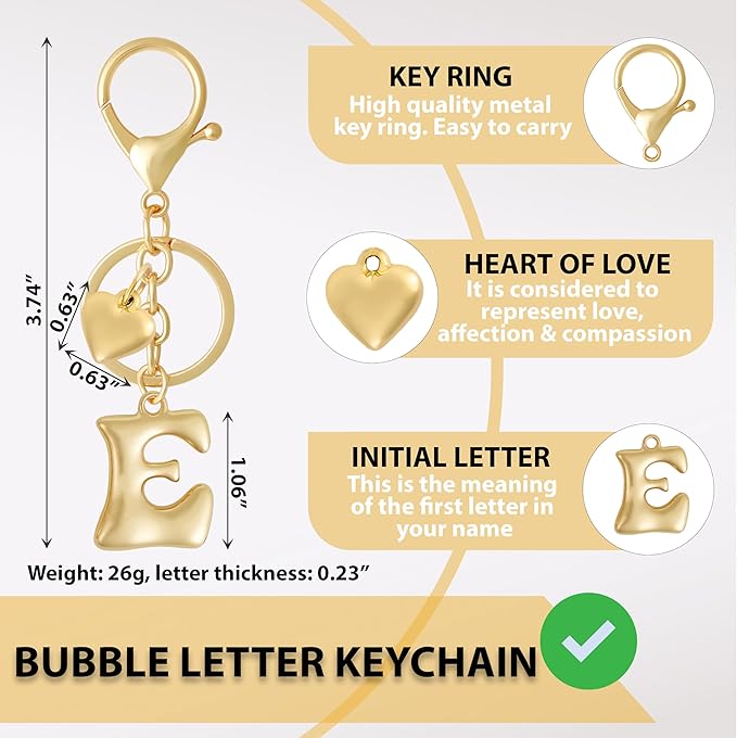Heart Bubble Letter Keychain for Women, Girls - Cute Keychain with Initial - Alphabet Keychain for Bag Charm, Handbag
