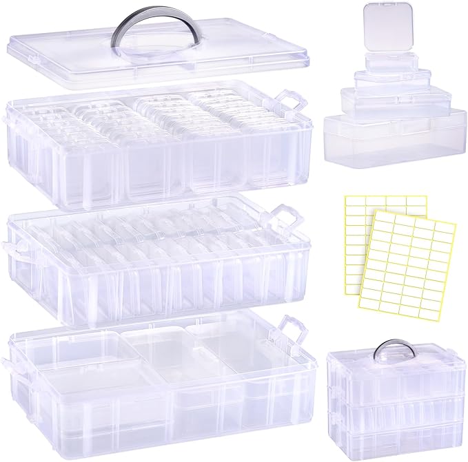 Funtopia Bead Organizers and Storage, 56 Pcs Small Plastic Containers with Lids and 3-Tier Stackable Storage Box, Mini Clear Organizers for Jewelry Toys Craft Storage (4 Sizes)