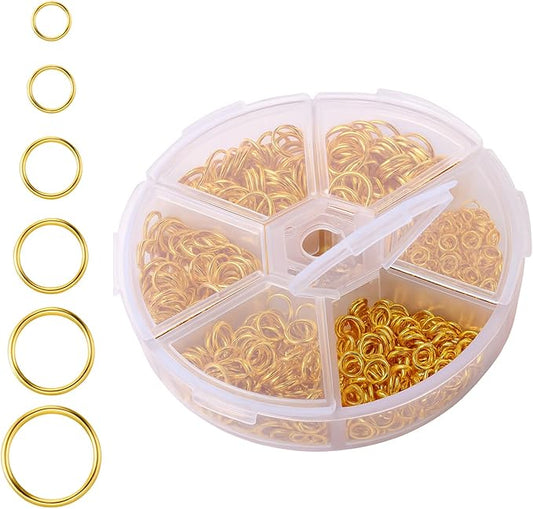 1000pcs Open Jump Rings, Metal O-Ring Plated Round Ring Connectors 6 Sizes Gold Open Jump Rings for Choker Necklace Keychains Bracelet Chain, DIY Making Jewelry Making Findings and Repair