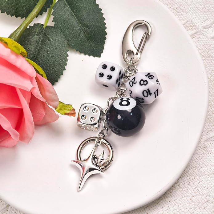 Y2K Keychain for Women, 8 Ball Dice Charm with Carabiner Clip - Cute Goth Core Keychain Bag Charm for Keys Bags Jeans