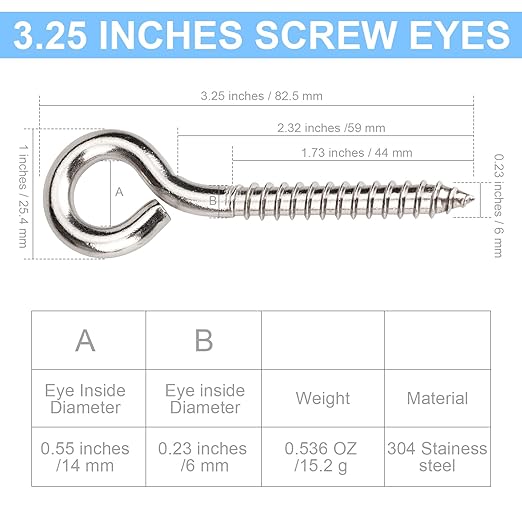 Aovchei Eye Screws, 8Pcs 3.25 Inch Long, 304 Heavy Duty Stainless Steel Screw Hooks, Rust-Resistant Self Tapping Eyelet Bolts for Wood, Securing Cables Wires, Indoor & Outdoor for Hanging Artwork