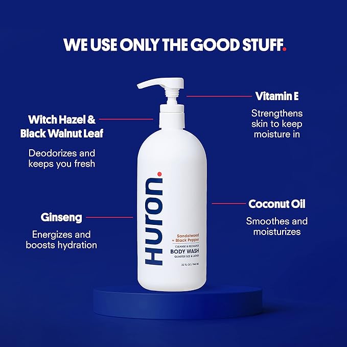 Huron Men’s Moisturizing Body Wash - Clean & Woody Scent of Sandalwood, Black Pepper, Cedarwood, & Amber - Made With Coconut Oil, Vitamin E & Witch Hazel - Vegan, Cruelty-Free - 30.3 fl oz