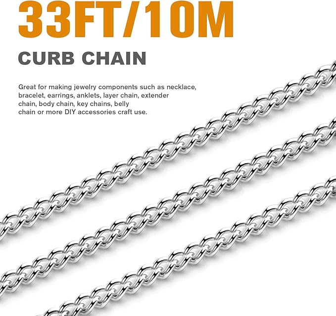 33FT Stainless Steel Curb Chain Roll, 6mm 304 Stainless Steel Flat Twisted Links Curb Chains Bulk Spool for Jewelry Making Necklace DIY Craft