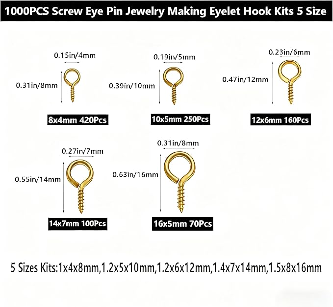 1000 Pcs Small Screw Eye Pin Jewelry Making Eyelet Hook Kits for Craft 5 Sizes Gold (4x8mm,5x10mm,6x12mm,7x14mm,8x16mm)