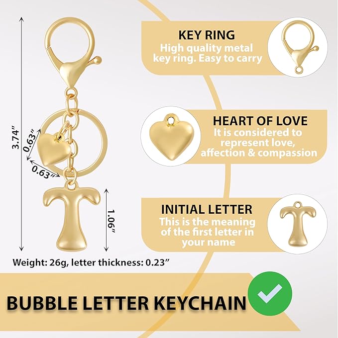 Heart Bubble Letter Keychain for Women, Girls - Cute Keychain with Initial - Alphabet Keychain for Bag Charm, Handbag