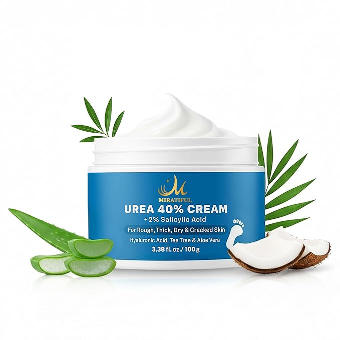 Miratiful Urea Cream 40% w 2% Salicylic Acid (4 oz) | Softens Cracked Heels & Dry Skin Urea Salicylic Acid Cream w/Tea Tree & Coconut Oil | Urea 40 Cream for Callus & Corn Treatment