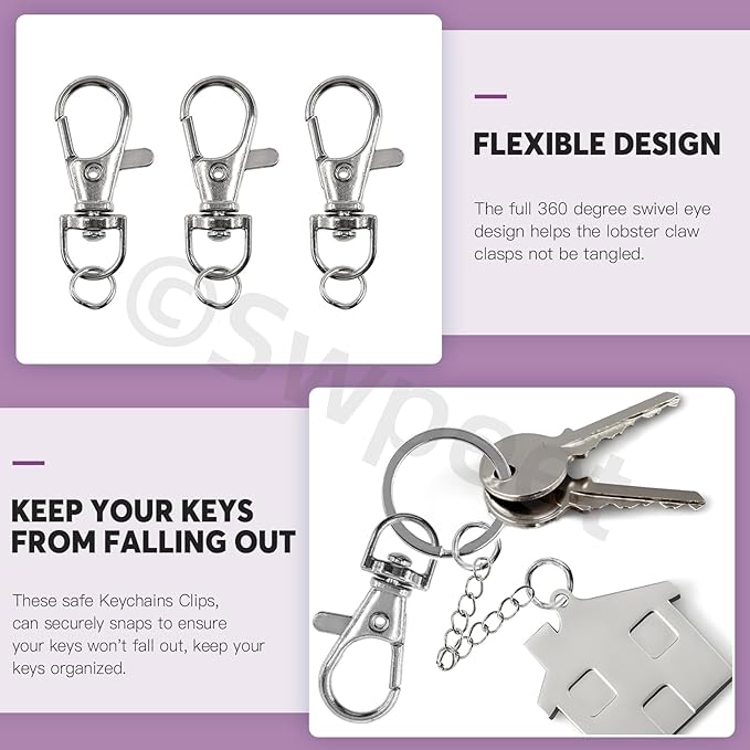 Swpeet 125Pcs Silver Keychain Making Set, 25Pcs Swivel Lanyard Snap Hook, 25Pcs Keychain Ring, 25P Extender Chains, 50P Open Jump Rings, Swivel Lobster Clasps, Keychains Clips