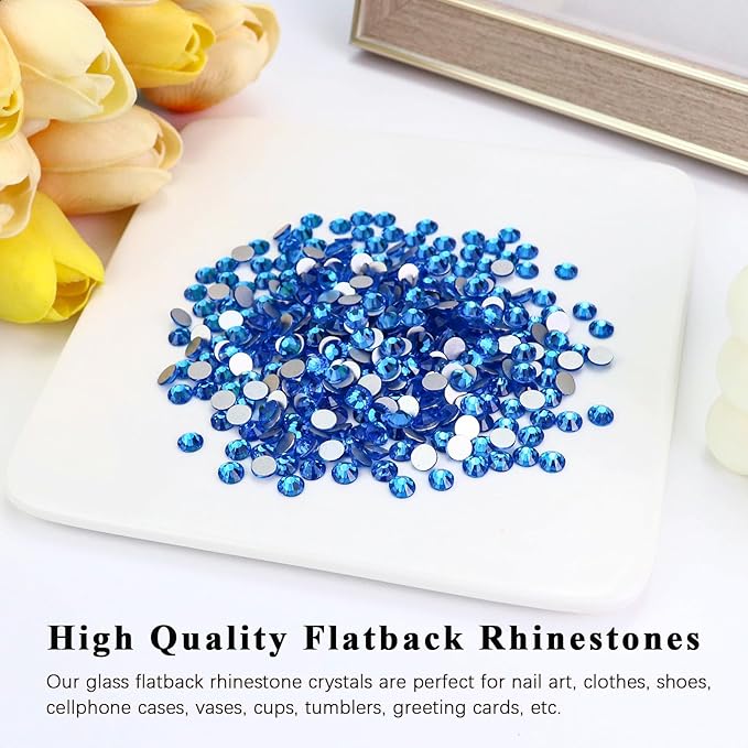 1440PCS SS10 Crystal Glass Flatback Rhinestones, Round Flat Back Crystal Gems for Nail Art and Craft Clothes, Glue Fix Diamond Stones Capri Blue (2.7-2.8mm)
