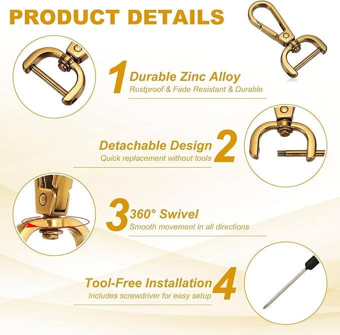 YELARXI Swivel Clasps Hook, 3/4 Inch ID Detachable Snap Hook W/Screw Bar D Ring Claw Clasp with Screwdriver Fit for Lanyard Bag Leather Craft Purse Hardware DIY Bag (4 Pack, Dark Gold)