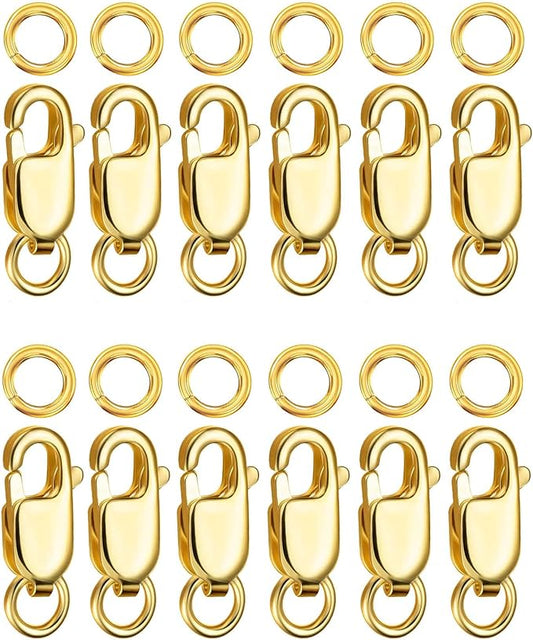 Kcctoo Silver Lobster Claw Clasp with Closed Jump Rings 14K Gold Necklace Clasps and Closures for Jewelry Making, Made in Italy 12mm(0.47inch) (Gold Big Clasps 12pcs)
