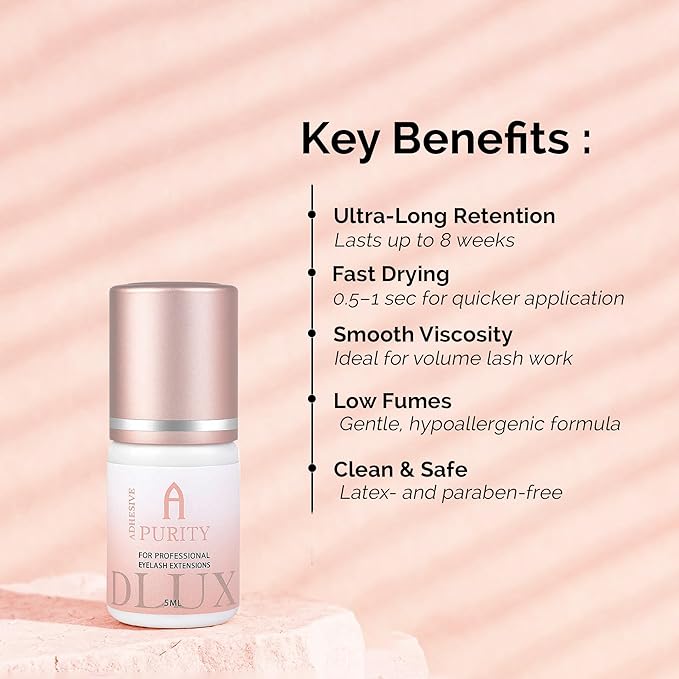 Dlux Professional- Purity Omega Professional Luxury Semi-Permanent Eyelash Extension Black Glue 5ml, For Volume, Extra Strong, Lash Extensions Adhesive, 1 Sec Drying, Up to 7 Weeks, Lash Supplies