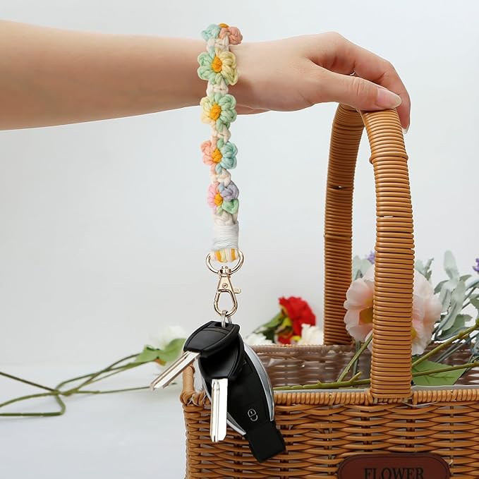 Macrame Keychain Handmade Wristlet Keychain Wrist Lanyard for Keys Cute flower keychain Key Chain for Women