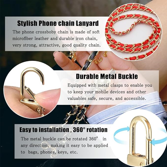 Phone Crossbody Chain Cell Phone Lanyard,Universal Leather+Metal Shouder Strap with Phone Tether Patches (M)